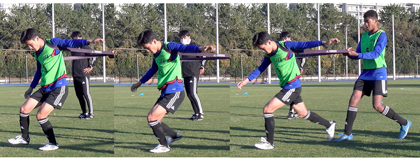 図5:膝で重心を下げてその場で強く踏み、前方への重心移動がない